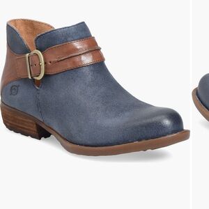 Born Katie Dark Blue Leather Brown Buckle Padded Comfort Zip Ankle Bootie 9.5